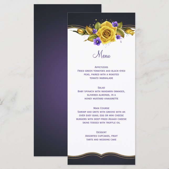 Rosas Amarillas Violetas Moradas Menú Oro (Anverso / Reverso)