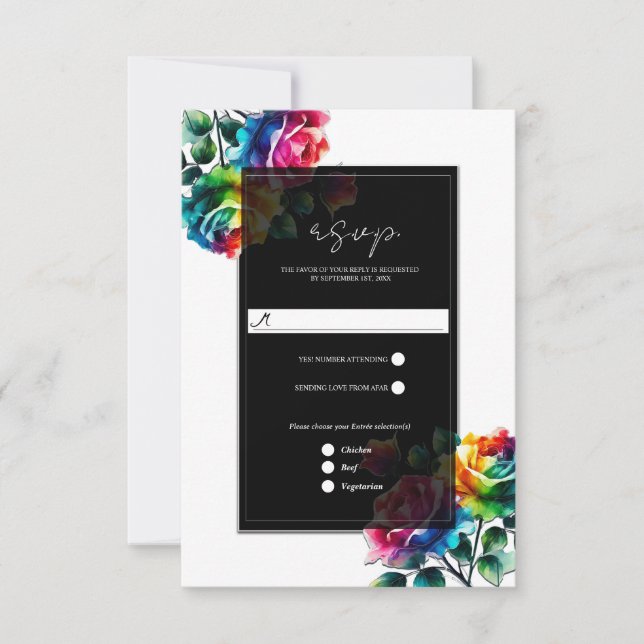 Rosas arcoiris Boda floral blanca y negra RSVP (Anverso)
