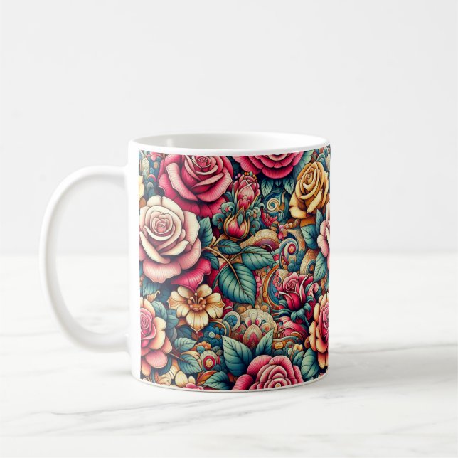 Rosas arcoiris coloridos flores café taza de té (Izquierda)