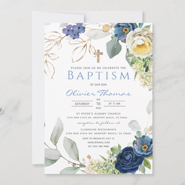 Rosas azules bautizo invitación a niño (Anverso)