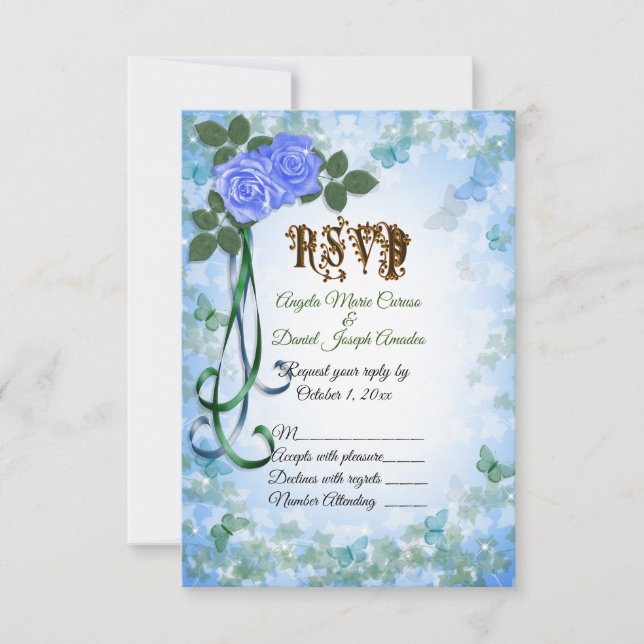 Rosas azules elegante tarjeta RSVP de la boda de p (Anverso)