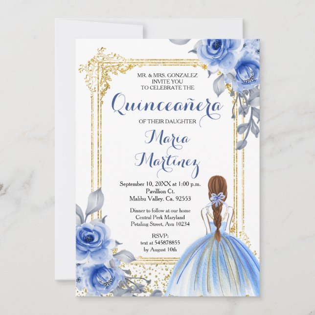 Rosas azules Flores Quinceañera Invitación (Anverso)