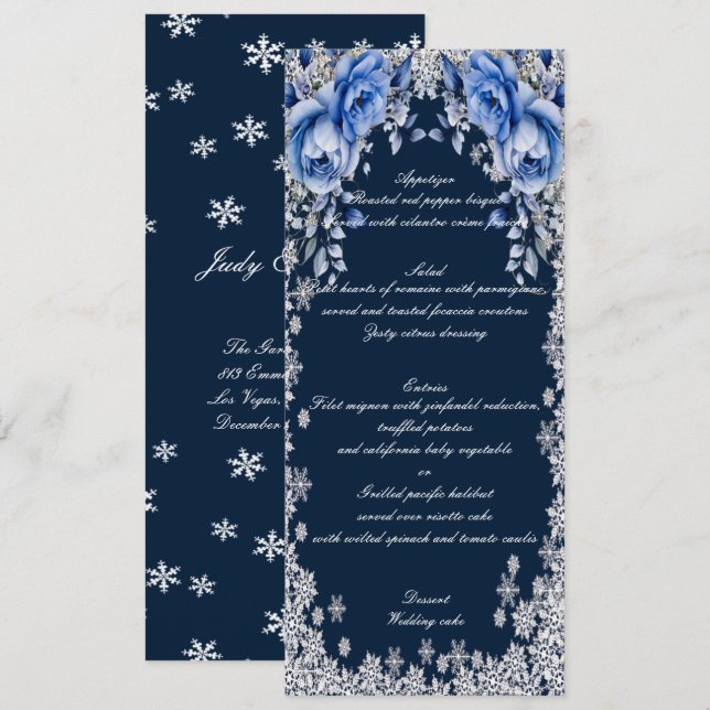 Rosas azules Navidades de copo de nieve Menú Boda (Anverso / Reverso)