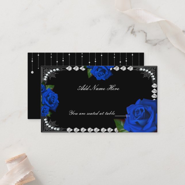 Rosas Azules Románticos Y Tarjeta De Lugar De Mesa (Anverso/Reverso In Situ)