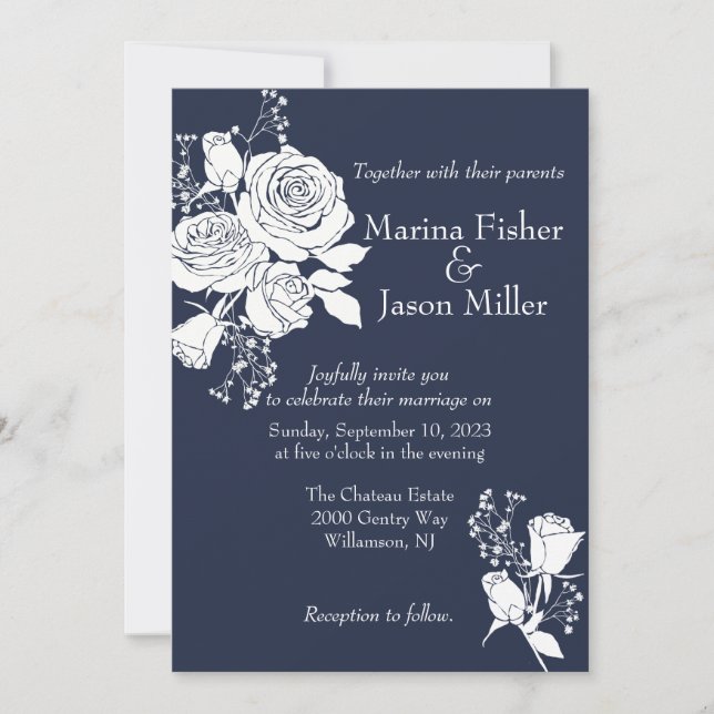 Rosas blancas en la invitación a la boda azul de l (Anverso)