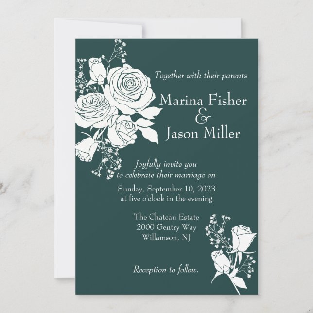 Rosas blancas en la invitación a la Boda Verde Caz (Anverso)