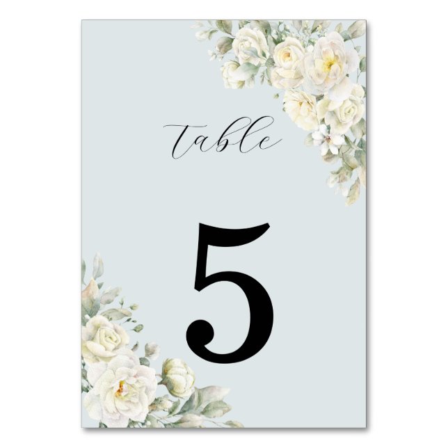 Rosas Blancas Número de Mesa Azul Polvo (Anverso)