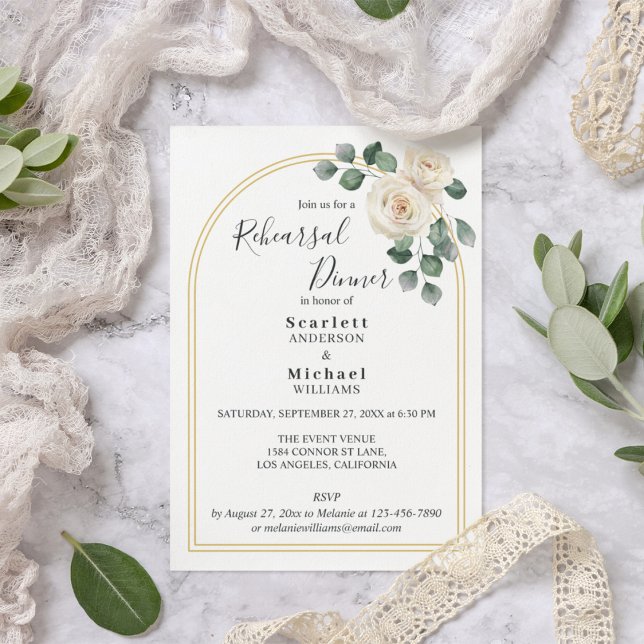 Rosas blancas Primavera Floral Romántico Boda (Flat lay spring floral watercolor white roses garden elegant wedding rehearsal dinner invitation)