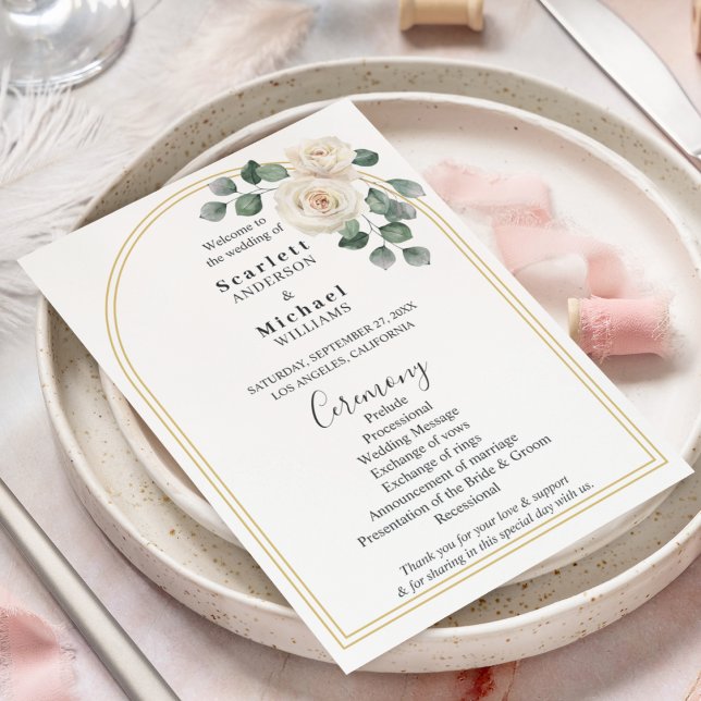Rosas blancas Primavera Floral Romántico Casamient (Angled view watercolor white roses garden vintage gold and white elegant luxury wedding program)