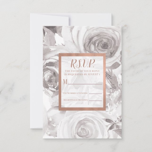 Rosas Blancas Rosa Dorado Rosa Bodas Modernas RSVP (Anverso)
