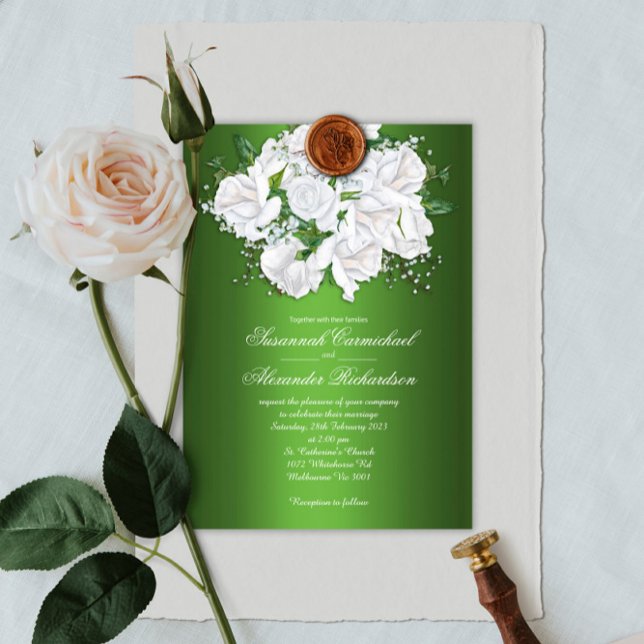 Rosas blancas vintage, invitación a la boda verde  (Subido por el creador)