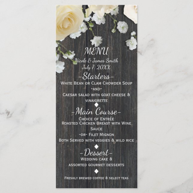 Rosas Blancas y Aliento de Bebé en Menú de Boda de (Anverso)