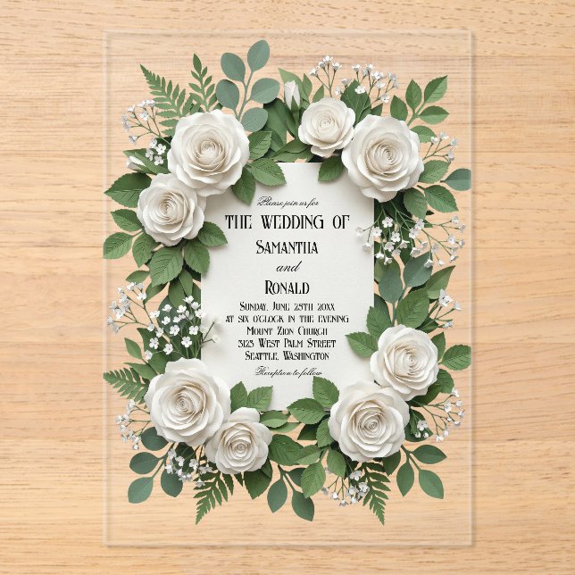 Rosas Blancas y Aliento de Bebé Invitación de Boda (Anverso)