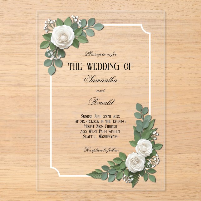 Rosas Blancas y Aliento de Bebé Invitación de Boda (Anverso)