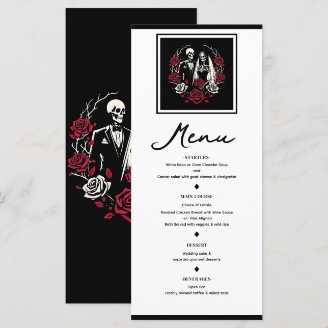 Rosas blancos rojos y negros Menú Boda de esquelet (Anverso / Reverso)