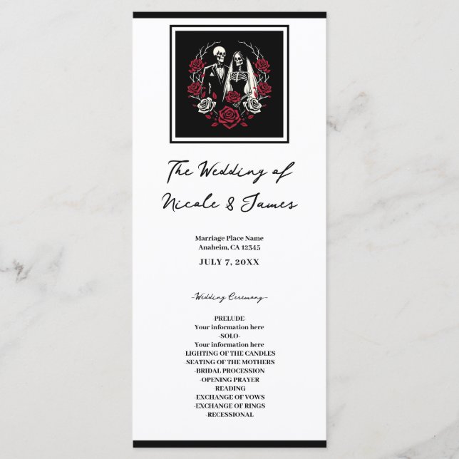 Rosas blancos rojos y negros Menú Boda de esquelet (Anverso)