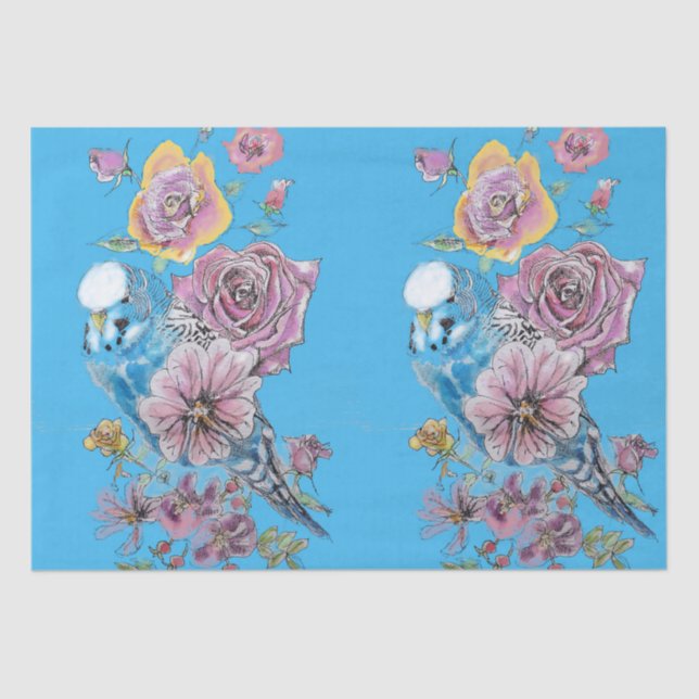 Rosas Blue Budgie Patrón Floral Papel Tejido Azul (Anverso)