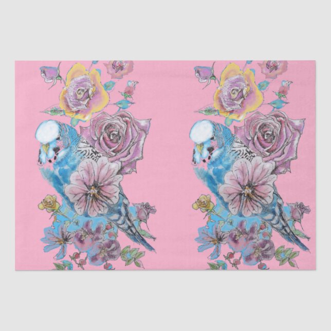 Rosas Blue Budgie Patrón Floral Papel Tejido Rosa (Anverso)