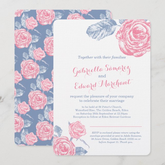 Rosas boceto de tinta boda rosa azul invitación (Anverso / Reverso)