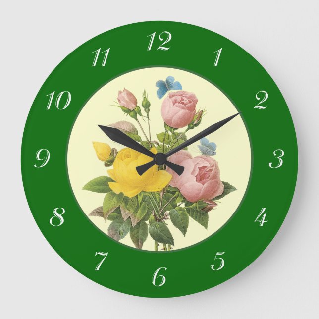 Rosas botánicos rosados con reloj de números (Anverso)
