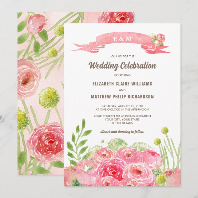 Rosas de acuarela romántica invitación a matrimoni (Anverso / Reverso)