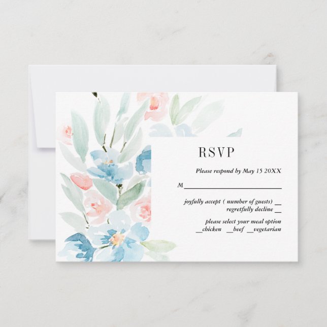 Rosas de acuarela y tarjeta RSVP de boda azul (Anverso)
