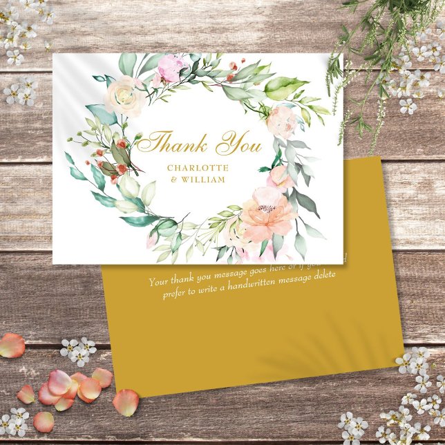 Rosas de agradecimiento elegantes con guirnalda fl (Elegant Gold Script Thank You Roses Floral Garland)
