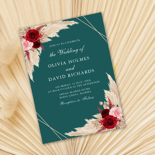 Rosas de Borgoña en Invitación de Boda Verde Turqu