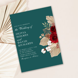 Rosas de Borgoña en Invitación de Boda Verde Turqu