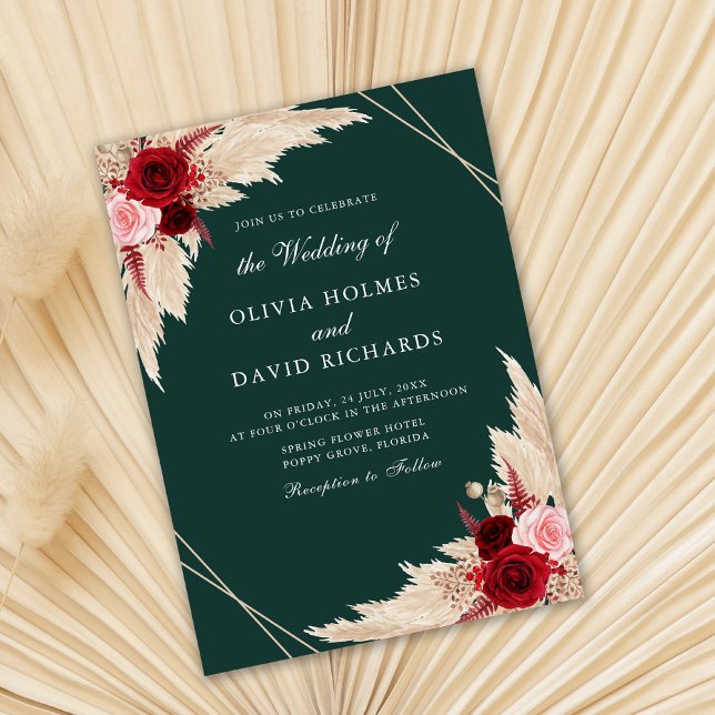 Rosas de Borgoña sobre Invitación de Boda Verde Es (Subido por el creador)