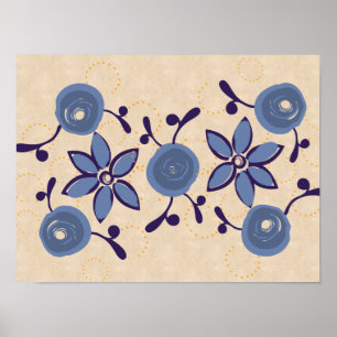 Rosas de color azul de arte folclórico Poster de