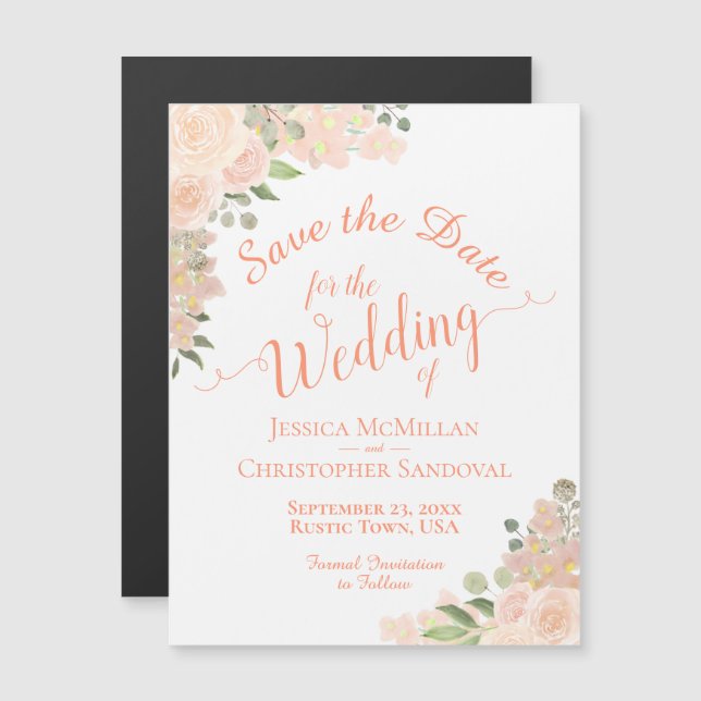 Rosas de Coral Peach ahorran el imán de caligrafía (Anverso/Reverso)