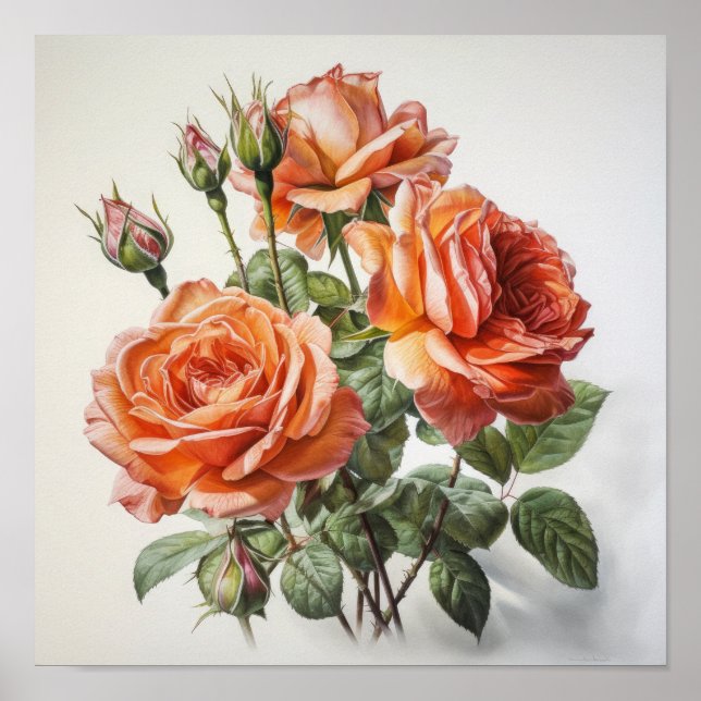 Rosas de coral Poster de impresión de arte floral (Frente)