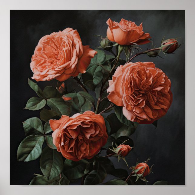 Rosas de coral Poster de impresión de arte floral (Frente)