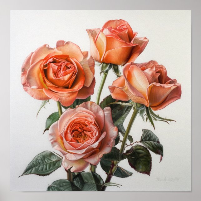 Rosas de coral Poster de impresión de arte floral (Frente)