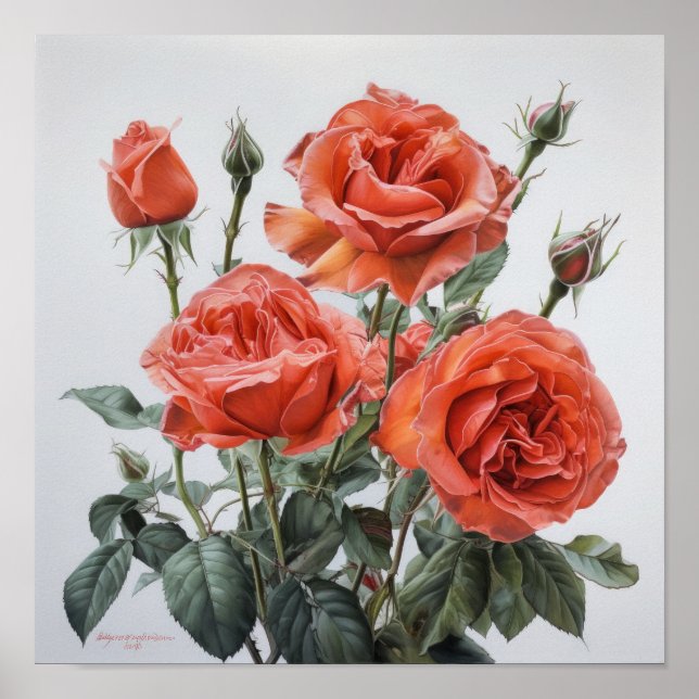 Rosas de coral Poster de impresión de arte floral (Frente)