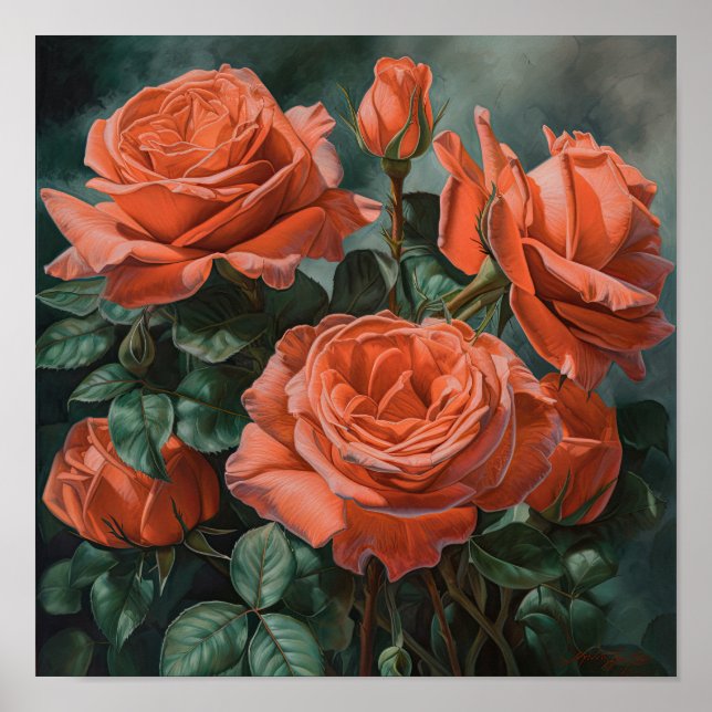 Rosas de coral Poster de impresión de arte floral (Frente)