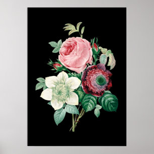 Rosas de fondo negro ramo de impresión Redoute