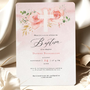 Rosas de la invitación al bautismo rosado y de oro