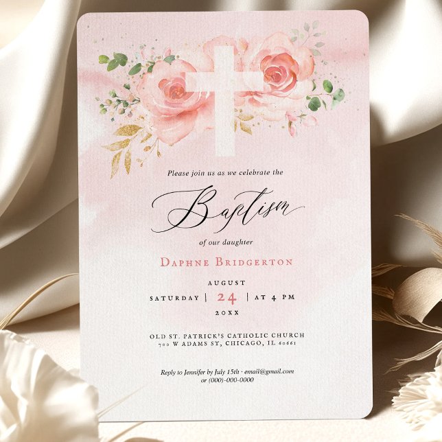 Rosas de la invitación al bautismo rosado y de oro (Subido por el creador)