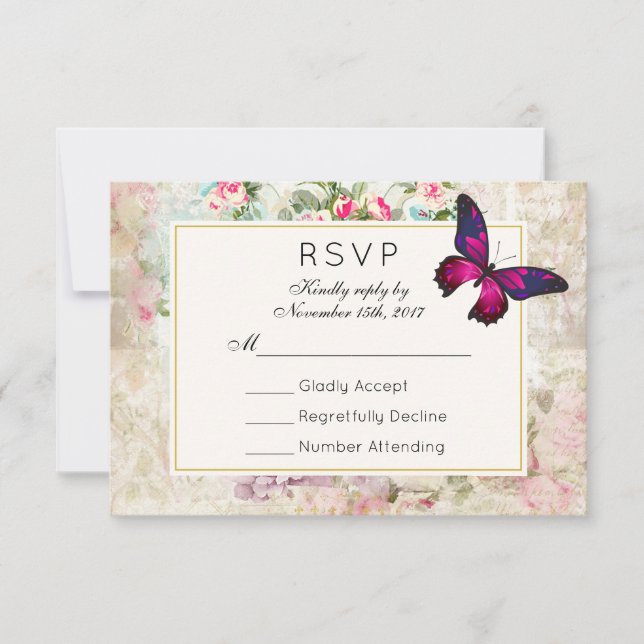 Rosas de mariposa rosada y de cosecha casada RSVP (Anverso)