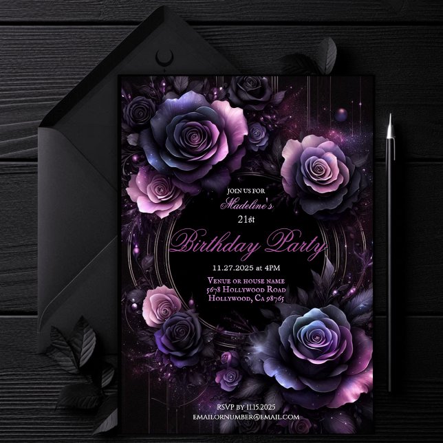 Rosas de Ombré Invitación a la fiesta de cumpleaño (dark elegant birthday invite, floral gothic party invite, black pink purple roses event invitation,)