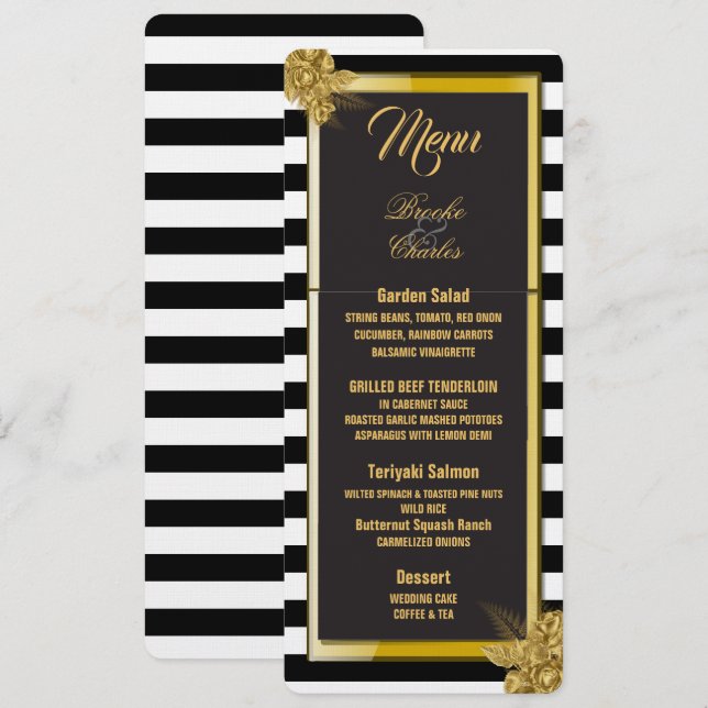 Rosas de oro Art Deco, carta de menú Boda Stripes (Anverso / Reverso)