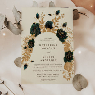 rosas de oro verde acuarela Invitación a la boda