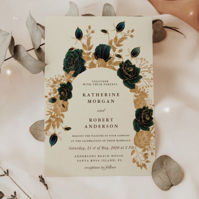rosas de oro verde acuarela Invitación a la boda (Subido por el creador)