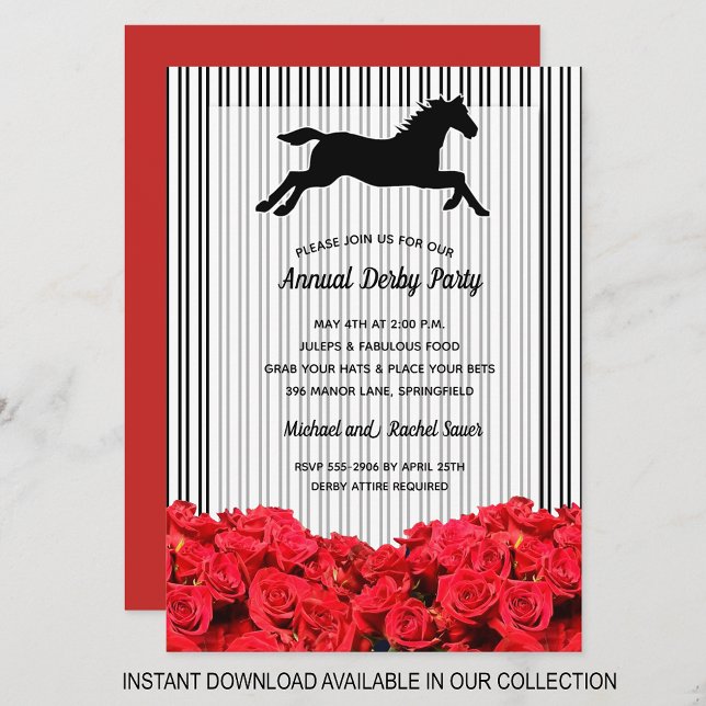 Rosas de stripes Derby Horse Carreras invitaciones (INSTANT DOWNLOAD available in our collection to send your invitations digitally.)