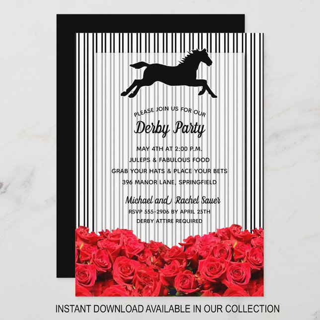 Rosas de stripes Derby Horse Carreras invitaciones (INSTANT DOWNLOAD available in our collection to send your invitations digitally.)