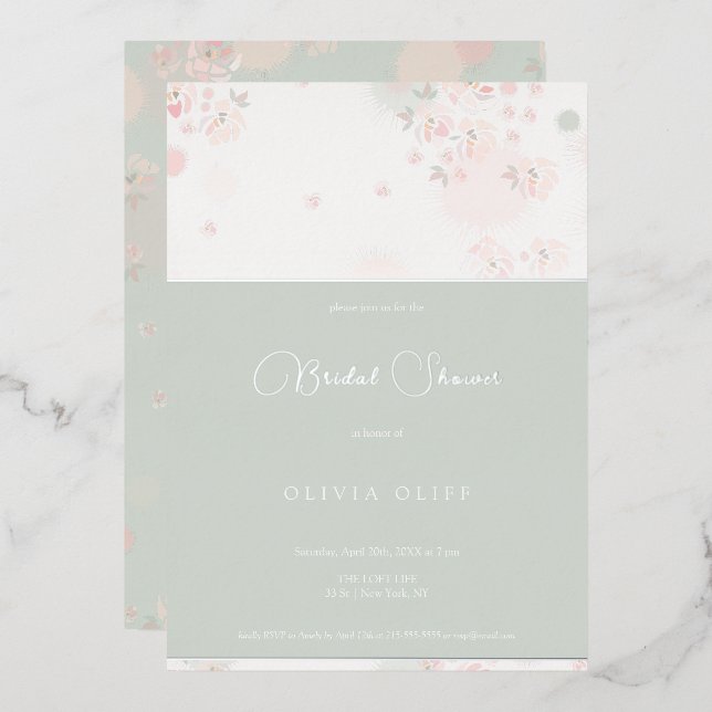 Rosas de té suaves Invitación a Relieve metalizado (Anverso/Reverso)