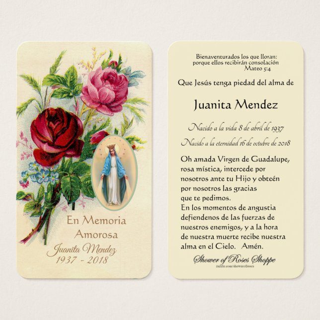 Rosas de Virgen María Española Tarjeta de Oración  (Anverso y reverso)