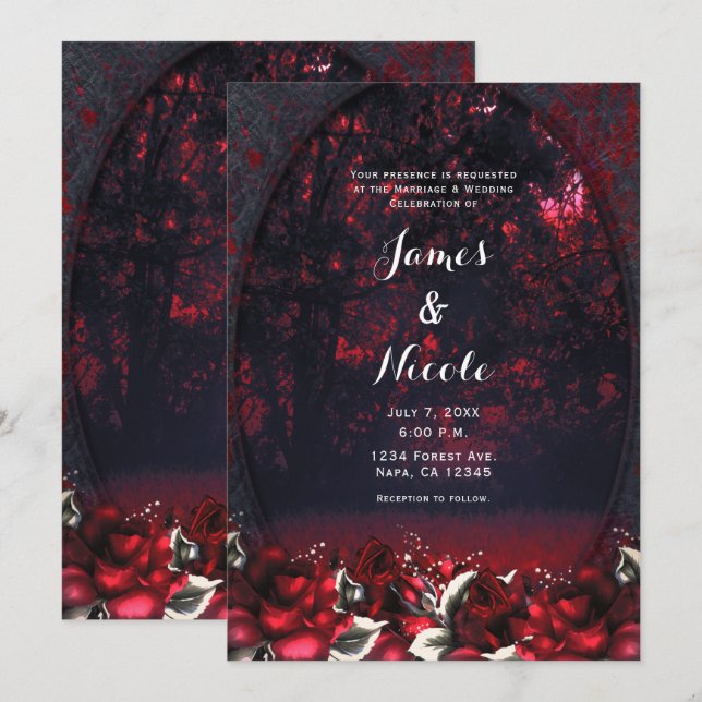 Rosas del Bosque Rojo Invitación de Boda Gótica (Anverso / Reverso)